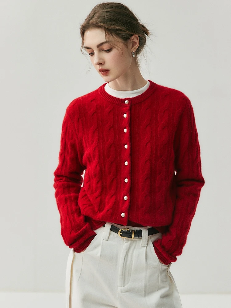

Autumn Winter Retro 100% Cashmere Cardigan Sweater O-neck Soild Twist Flower Loose Versatile Women's Cashmere Jacket High-end