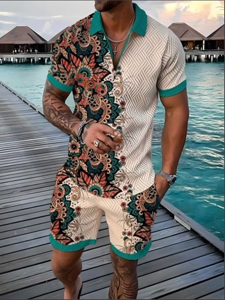 Fashion summer men\'s flower shirt casual holiday short-sleeved Polo shirt set 3D printed clothing 2 pieces