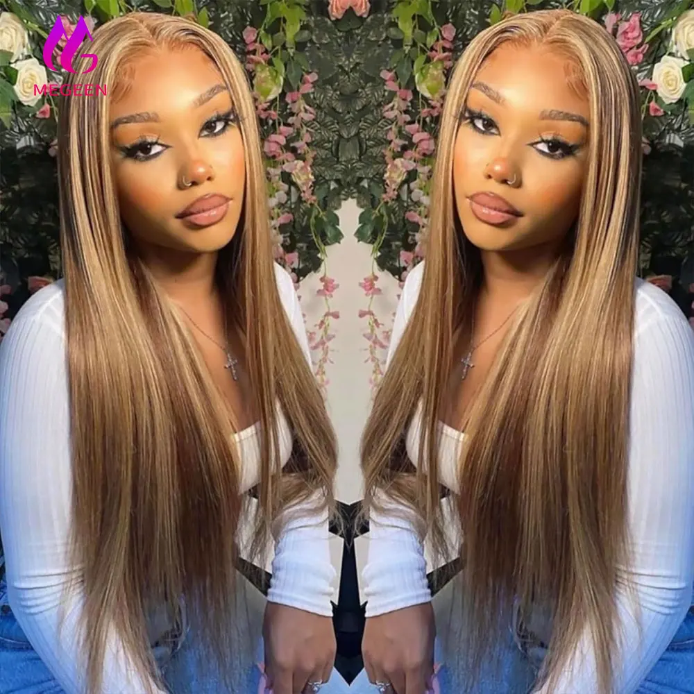 

Megeen HD Transparent Front Wigs 13x4 Lace Frontal Wig P4/27 Highlight Straight Human Hair Brazilian Honey Blonde Ombre Hair