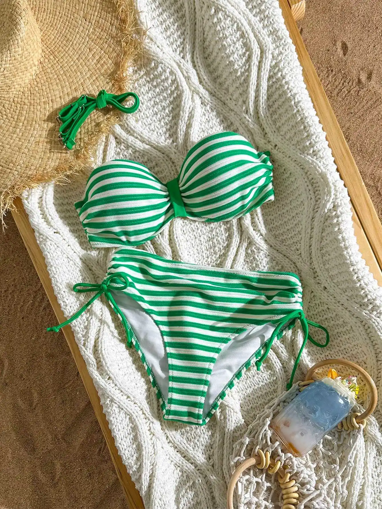 sexy green white striped back tie bikinis sets two pieces drawstring tie swimsuits bathing suit swimwear biquini tankini trikini