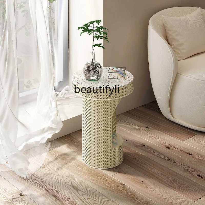 Cream Style Terrazzo Hollow Rattan Tea Table Small round Table Bedside Table Simple Living Room Sofa Side Table