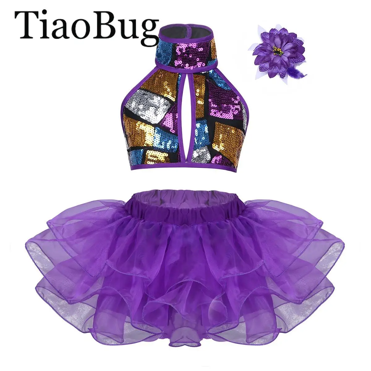 

Girls Halter Tutu Ballet Dance Dress Glitter Sequins Strappy Crop Top with Skirt Flower Hair Clip Set Jazz Performance Costumes