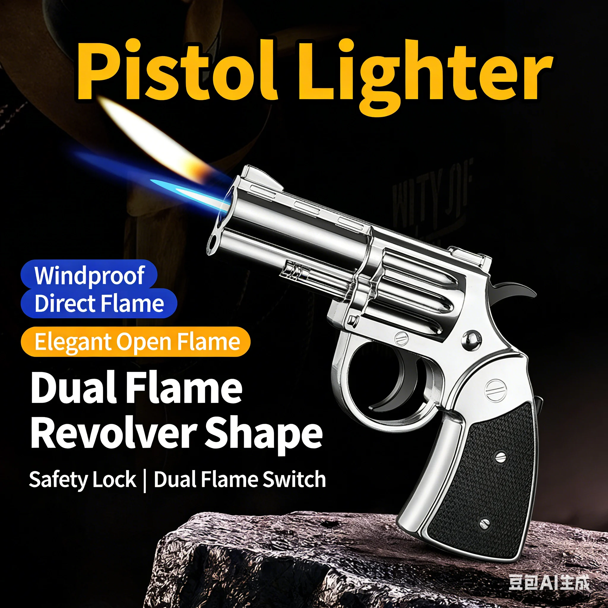 

2026 New Gun Windproof Lighter for Smokes Metal Double Open Fire Cigar Igniter Revolver Cigarette Lighters & Smoking Accessories