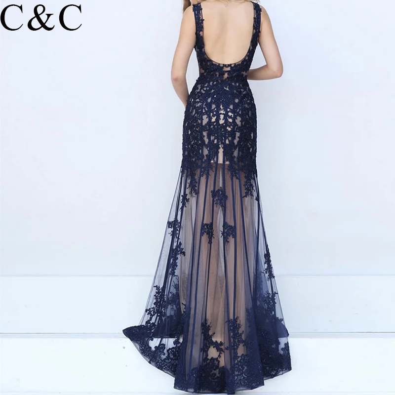 C&C 2024 New deep V-Neck Embroidered applique  Zipper Evening Dress Long Sexy Slim Navy Blue Annual Party  Bride Toast Dress