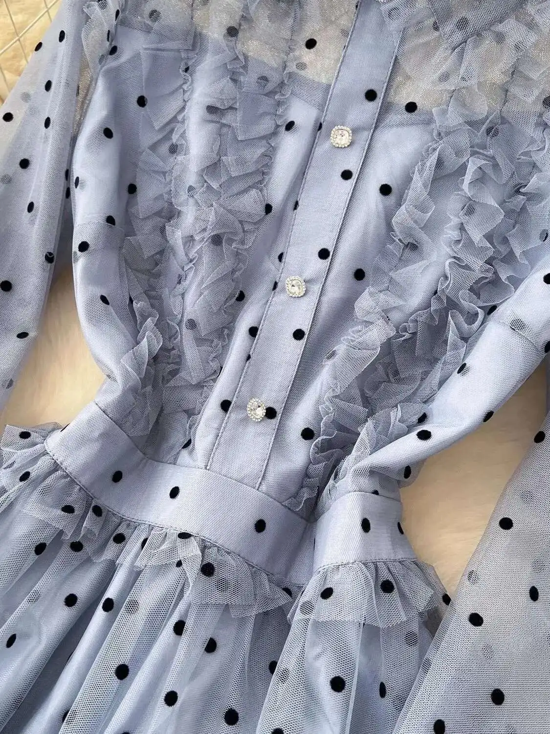 Summer Polka Dot Embroidery Tulle Lace Ruffle Cake Dress Women\'s Autumn Crystal Long Sleeve Party Evening Vestido Midi Robe Grey