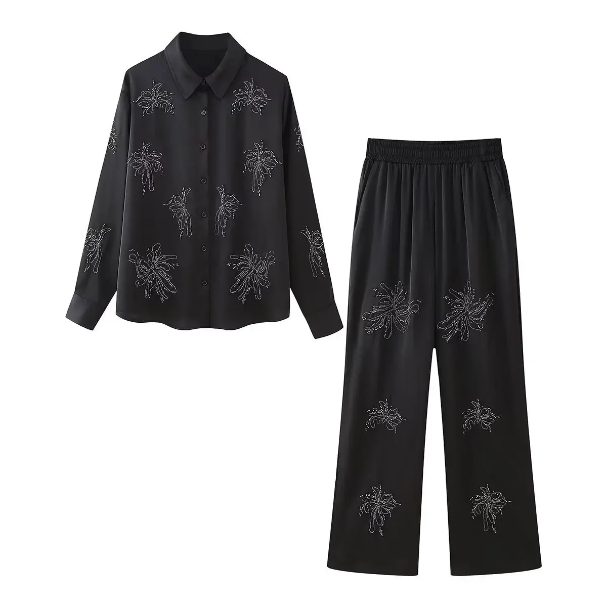 

New Silk Pajamas for Women Fashion Sequined Satin Shirt Drawstring High Waist Trousers Sleepwear Set Chic Vintage Vacation Suit