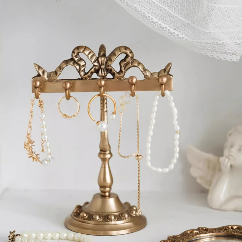 Retro Brass Jewelry Display Stand Court Style Household Earrings Storage Holders Table Gold Necklace Stand Hanging