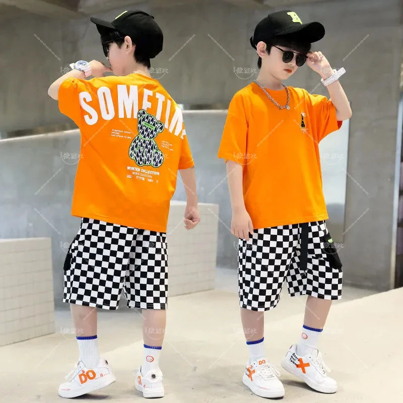 

Children's summer suit cartoon bear T-shirt and shorts with letters two-piece suit short sleeved up and down sportswear