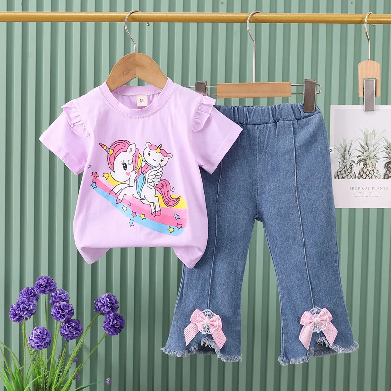 Children's Summer Korean Edition Set Girls' Cartoon Unicorn Printed Short Sleeved T-shirt Cowboy Pants Set 0-5 Y