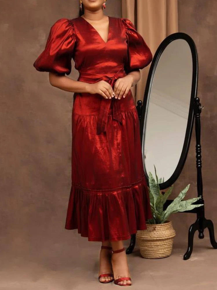 Womens Shiny Red Long Party Dress Vintage Elegant Ruffles Patchwork V Neck Puff Sleeve Sashes Up Wedding Formal Occassion Robes