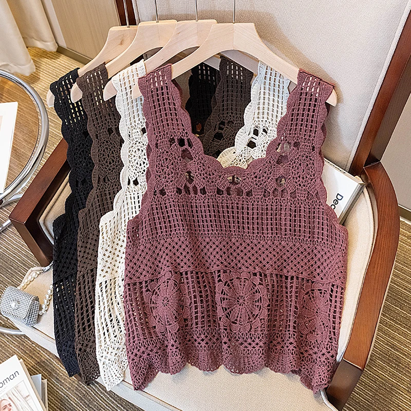 

Summer Lace Knitted Tank Top Women Cropped Top Sexy Hollow Sleeveless Backless Loose Top