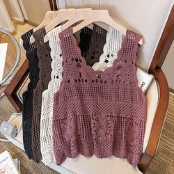 Summer Lace Knitted Tank Top Women Cropped Top Sexy Hollow Sleeveless Backless Loose Top