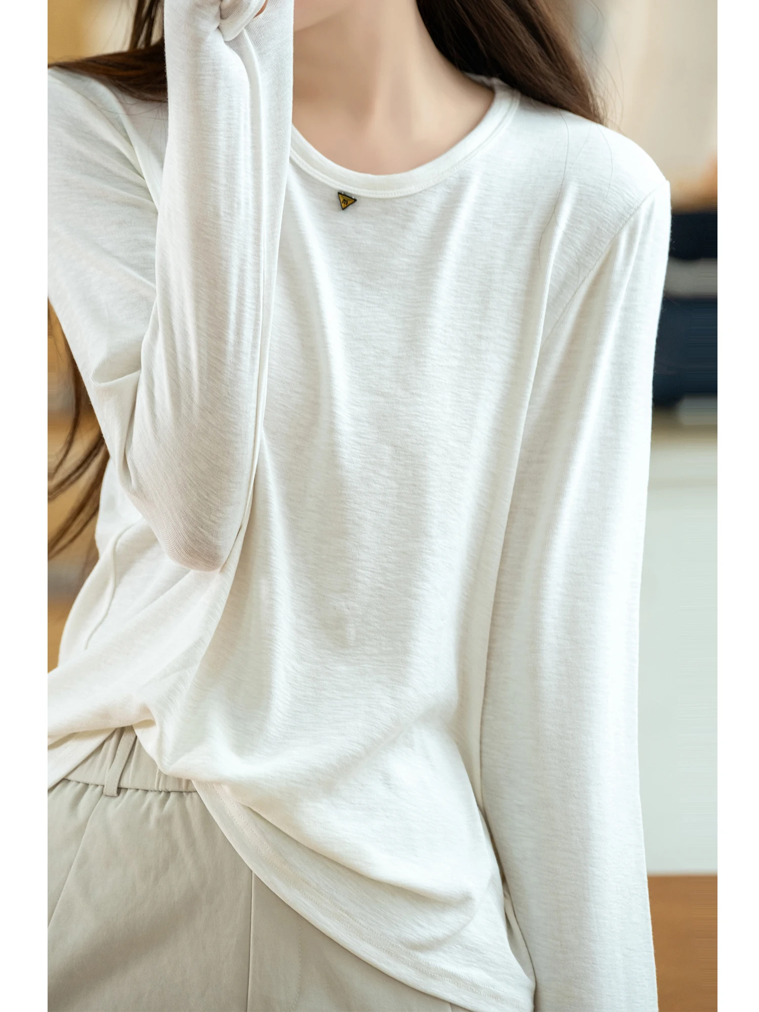 Comfortable Cotton Rayon Long Sleeve round Neck T-Shirt Double Layer Fixed Collar Decorative Label Simple Style Women's Top