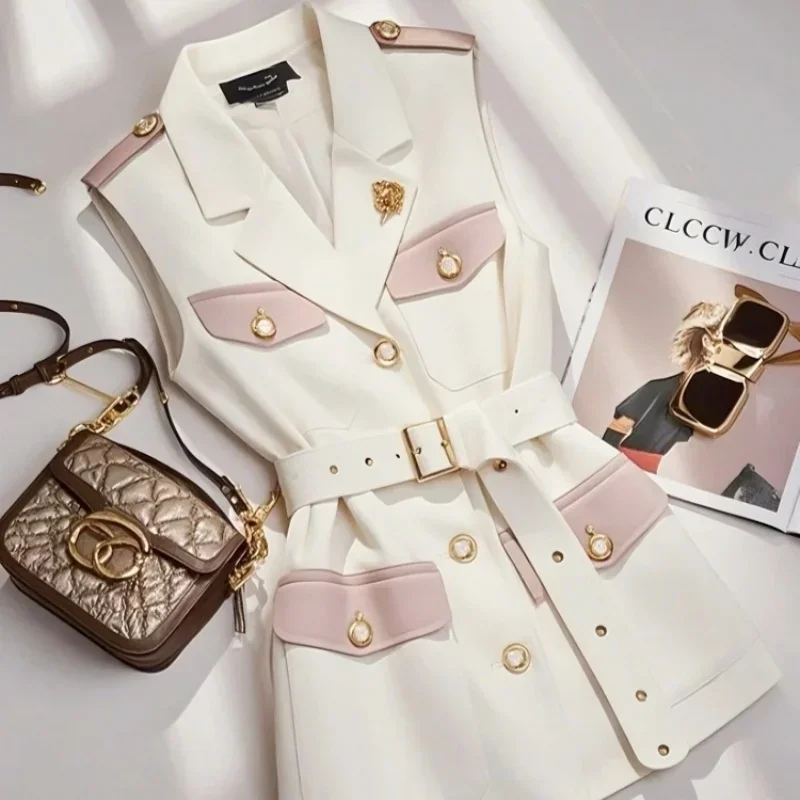 

British Vintage White Blazers Vest Jackets Women Temperament Designer Outerwear Slim Fit Sleeveless Vest Coat with Waist Belt