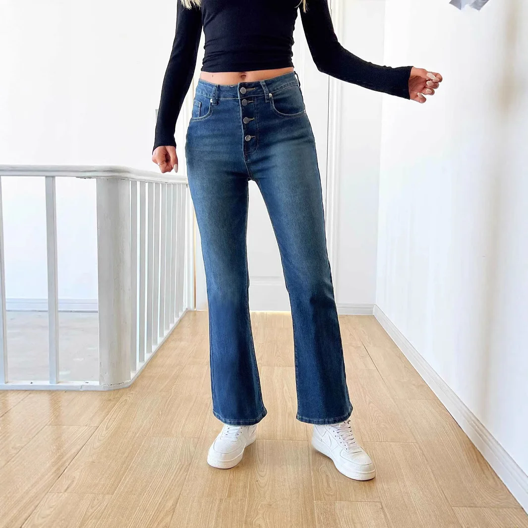 

2025 европейские и американские новые модные эластичные джинсы с высокой талией и пряжкой для женщин