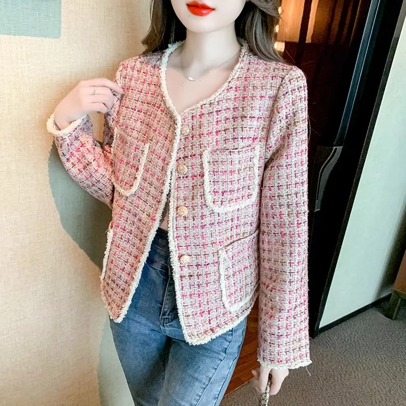 

Women Autumn Tweed Plaid Fragrance 2023 Long Sleeved Jacket High Quality Woolen Coat