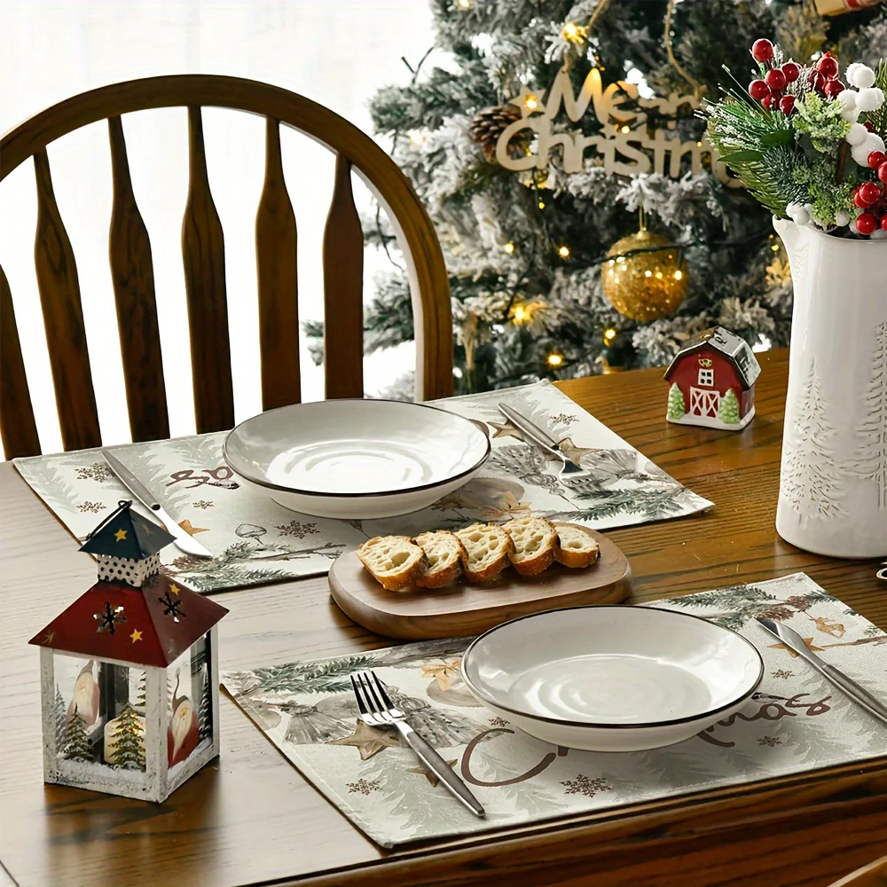 Merry Christmas Placemats Set of 4 Polyester Woven Table Mats 12x18 In Hand Wash Only Rectangular Dining Mat for Holiday