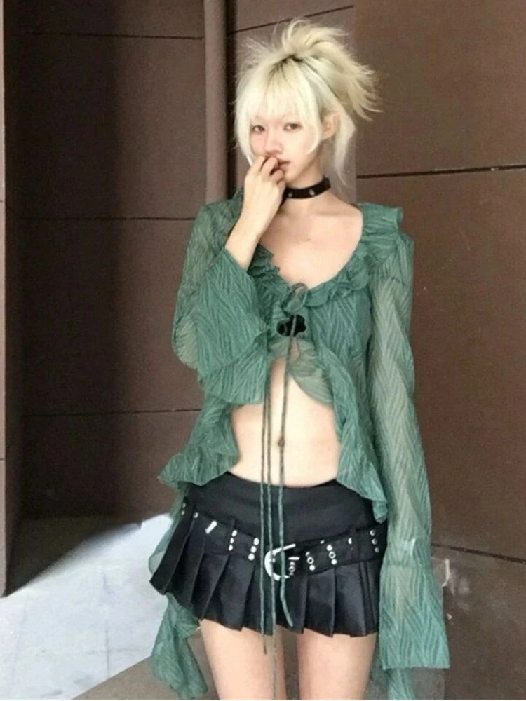 Japanese Y2k Lace Shirt Vintage 2000s Style Ruffles Blouses Grunge Aesthetics Irregular Green Shirts  Retro 90s Sexy Cardigan