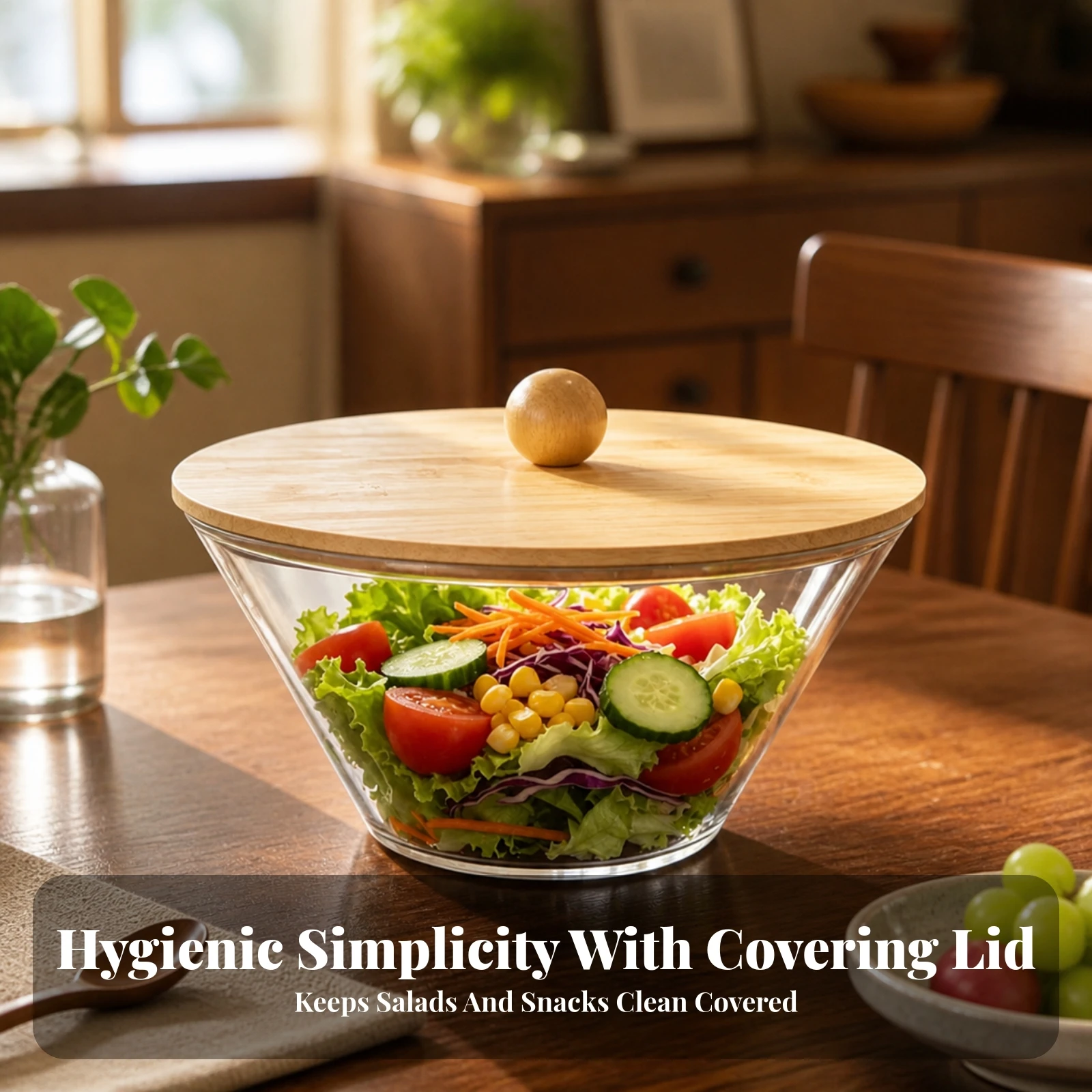 Salad Bowl with Bamboo Lid Robust Salad Bowl with Lid Dessert Serving Container Shatterproof Elegant for Hosts, Kitchen view 2