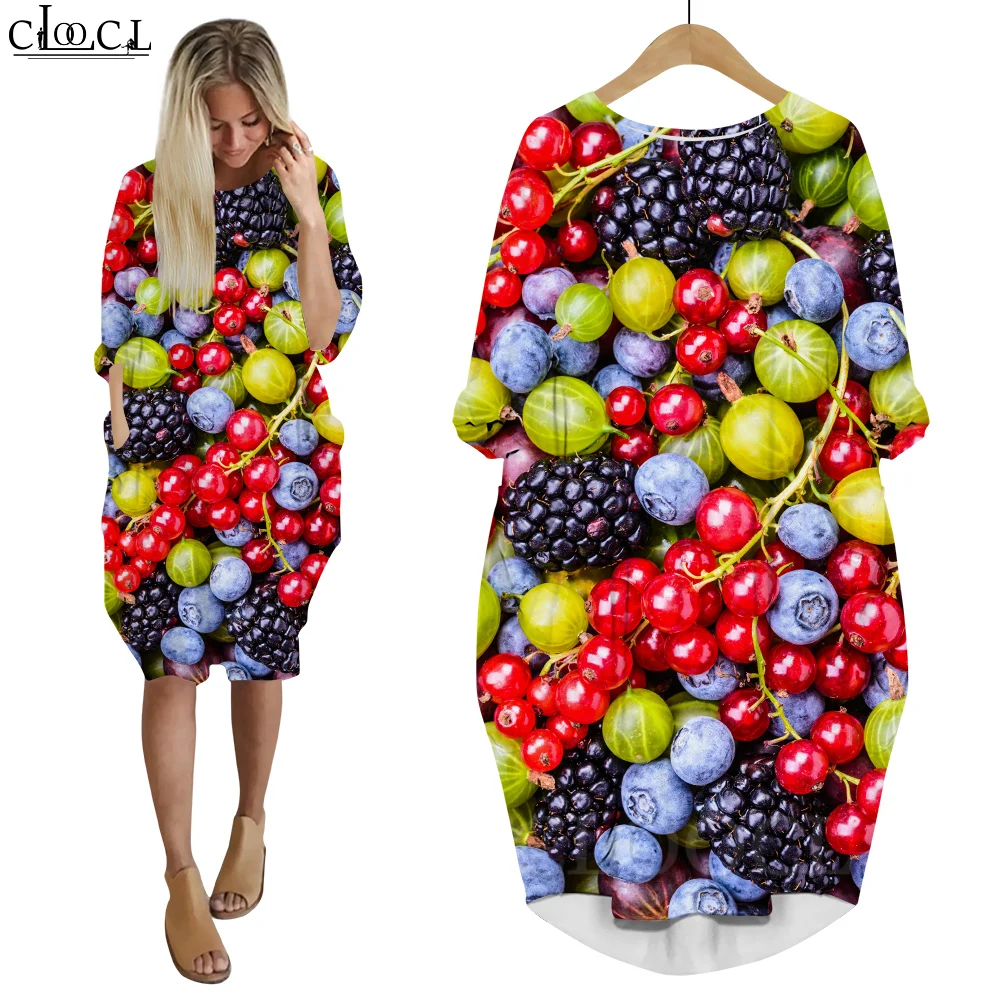 CLOOCL Dress Long Sleeve Crew Neck Pullover Colorful Fruit Series Pattern Knee-length Vestidos Loose Fitting Tasty Berry Dresses