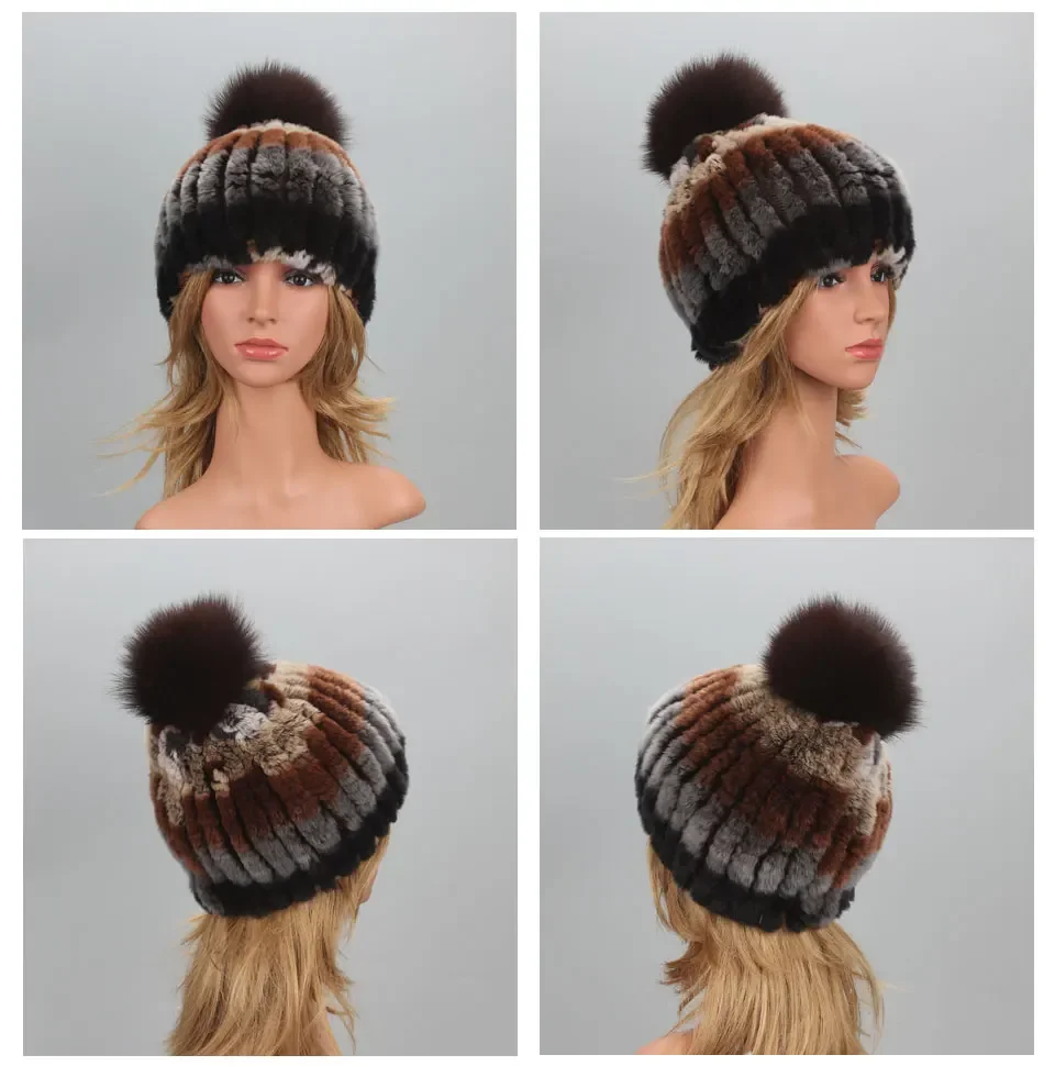 Wintermützen für Damen Elastische Gestrickte Echte Rex-Kaninchenfell-Mütze Beanies mit Fuchsfell-Bommel Echte Fellmütze Großhandel Bonnets – Detail 8
