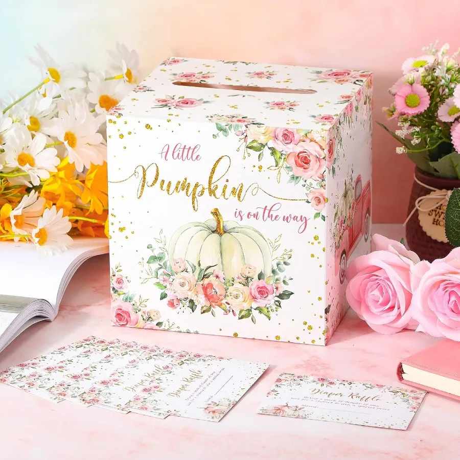 51 Pcs Thanksgiving Pumpkin Diaper Raffle Card Box with Diaper Raffle Tickets Insert Card Little Pumpkin Is on The Way for Baby