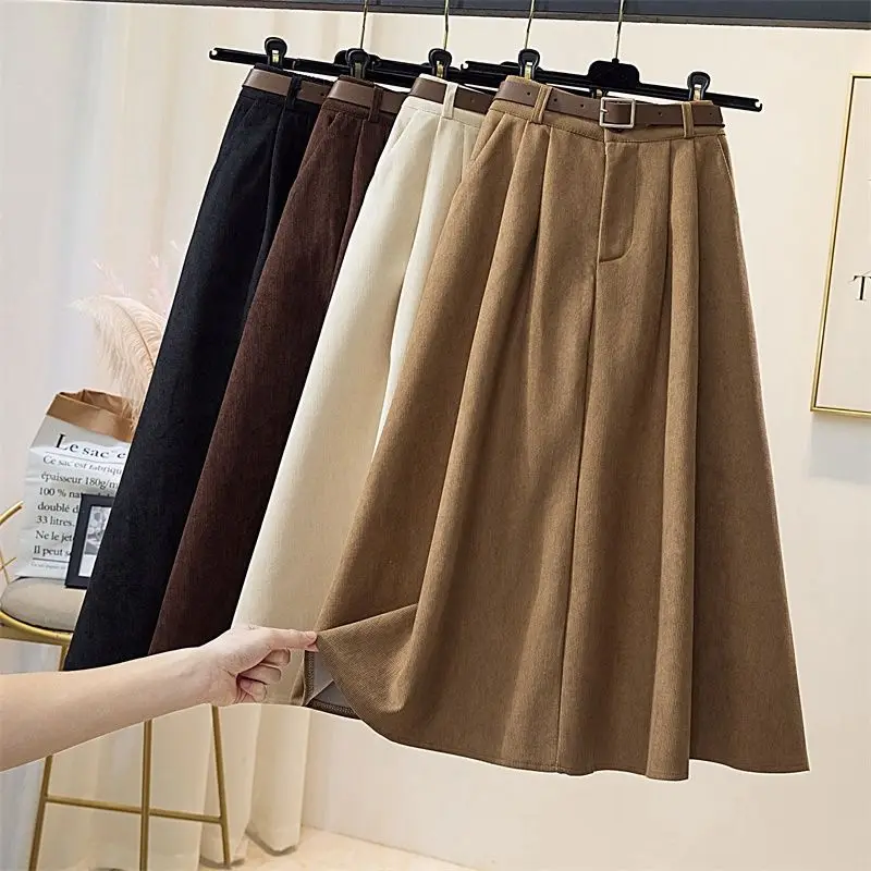 

Corduroy Pleated Suit Skirt Women Winter High Waist Umbrella A-Line Midi Skirts Korean Style 2023 News Female Ladies Skirts C133