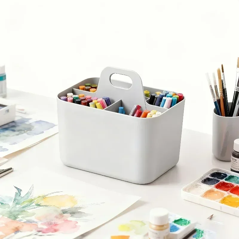 Portable 3-Compartment Storage Basket - Plastic Desk Organizer with Handle, Ideal for Pens, Pencils & Mixed-Color Stationery