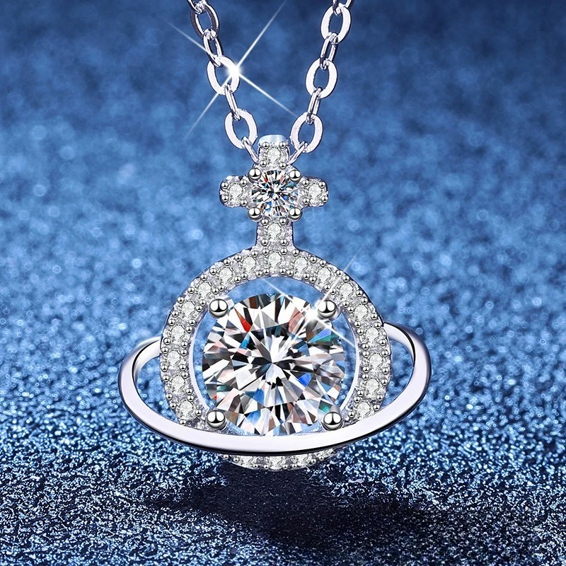 1 Carat Moissanite Necklace Platinum PT95018k Gold Necklace, Women's Universe Planet, Light Luxury,Niche Design,Collarbone Chain
