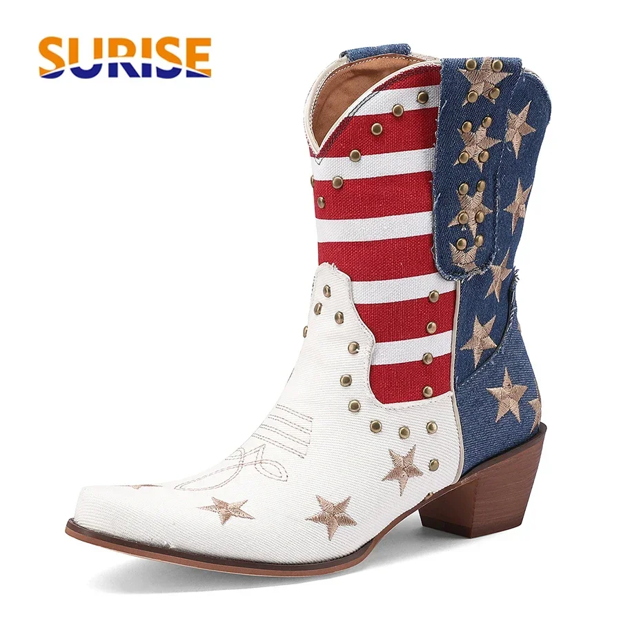 

Western Women Cowboy Ankle Boots Denim Embroidery Star Rivet Warped Pointed Toe High Heels American Cowgirl Vintage Short Boots