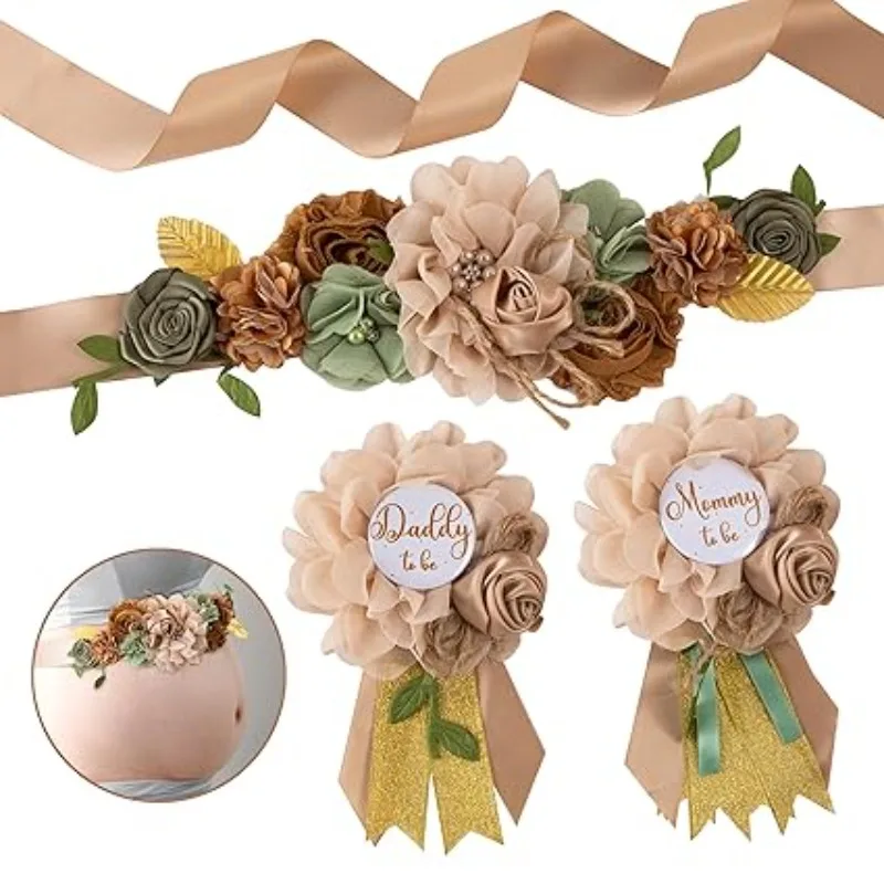 

1SET/ Maternity Sash Corsage Set Pink Flower Wedding Belt for Mom Dad to Be Baby Shower Gender Reveal Photo Props Pregnancy Gift