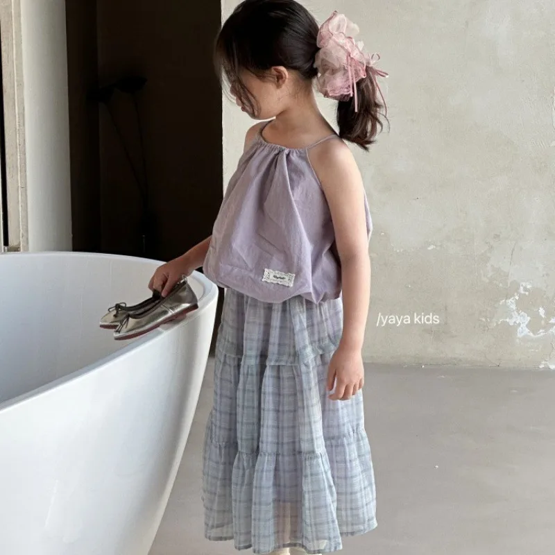

Girls' Korean Children's Clothing Summer New Item Niche Design Lace Up Sleeveless Lantern Top Plaid Half Body Long Skirt Set