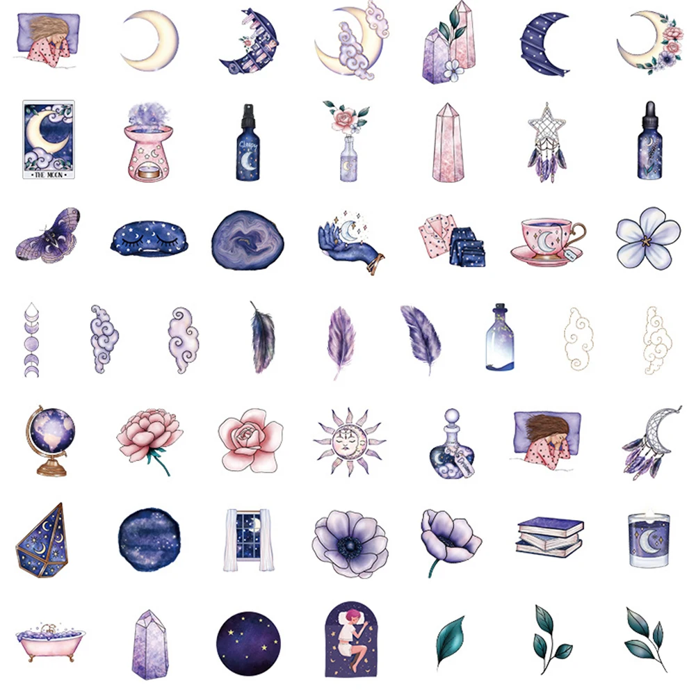 Elegante PET Stickers Pack para Guitarra, Midnight Magic-Lua Adesivos, Bagagem, Bicicleta, 50Pcs