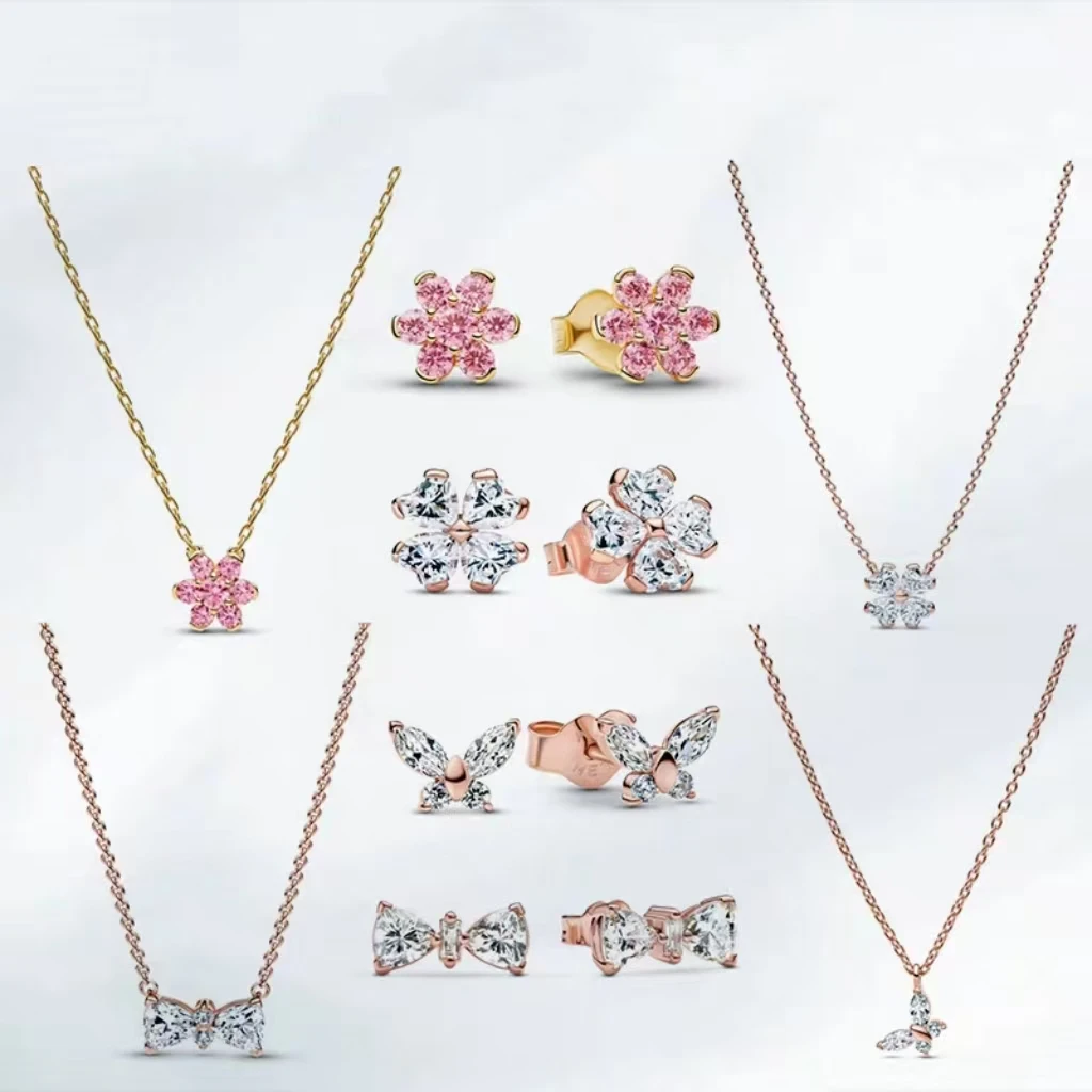 2026 New Rose Gold Pink Crystal Flower Language Butterfly Necklace Earpiece Set Exquisite Luxury Premium Jewelry