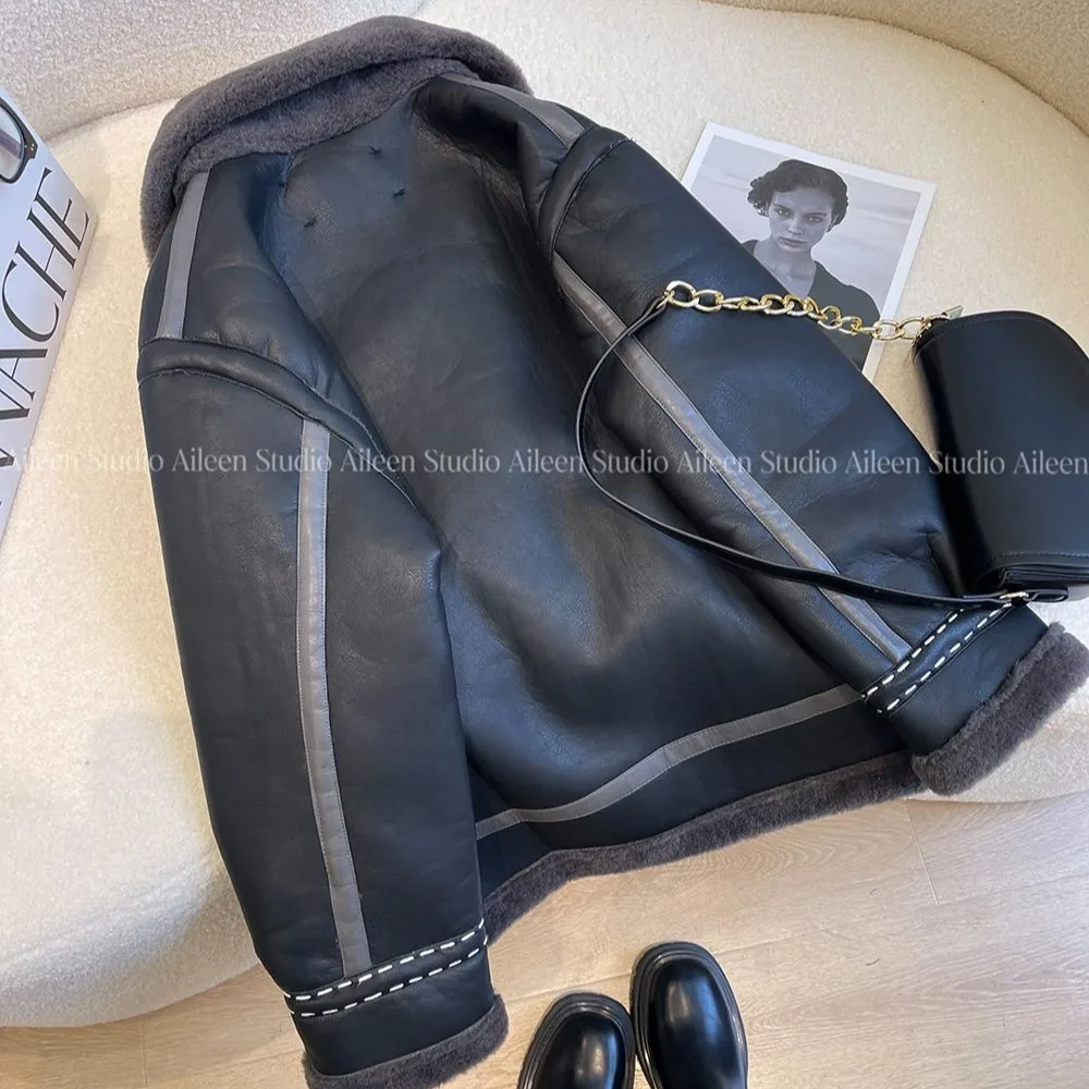 Retro Style Loose Fit Long Sleeve Black Leather Jacket Contrast Stitching Slimming Outerwear Winter Fashion Ladies Coat