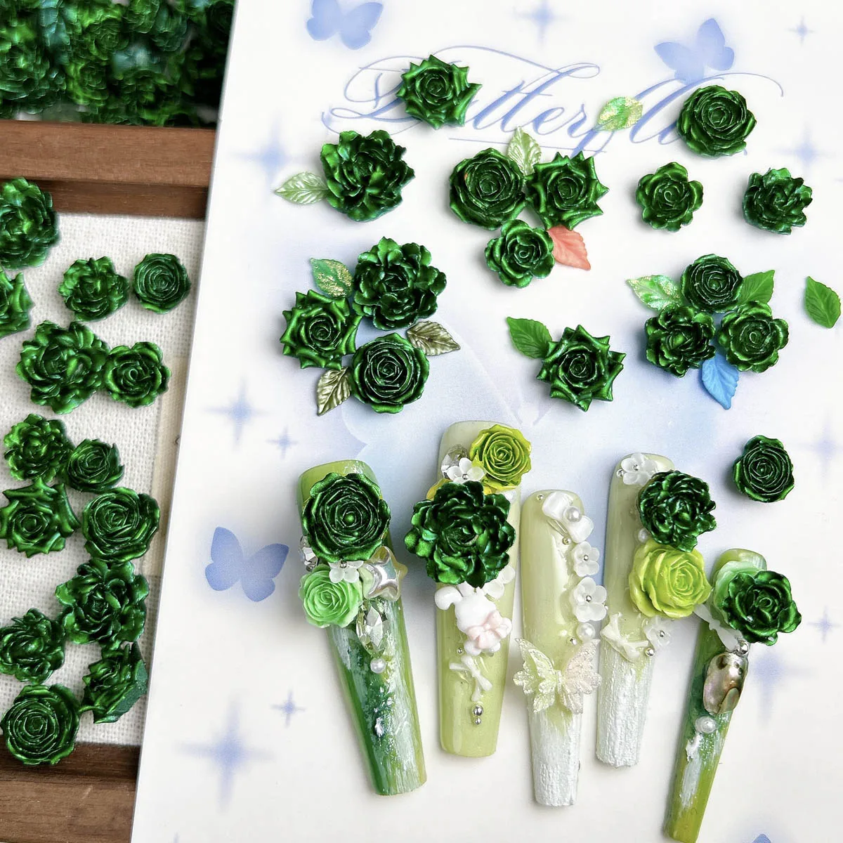 Minimalist Dark Green Rose Lotus Camellia Resin Nail Art Decorations Creative Shinny Soft Flowers Nail Charms DIY Earrings Nails