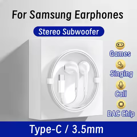 Original Type C Wired Earphone For Samsung Galaxy S25 S24 S23 S21 S22 Ultra Plus 3.5mm Earbuds HD MIC Headphones A54 A34 A53 A53