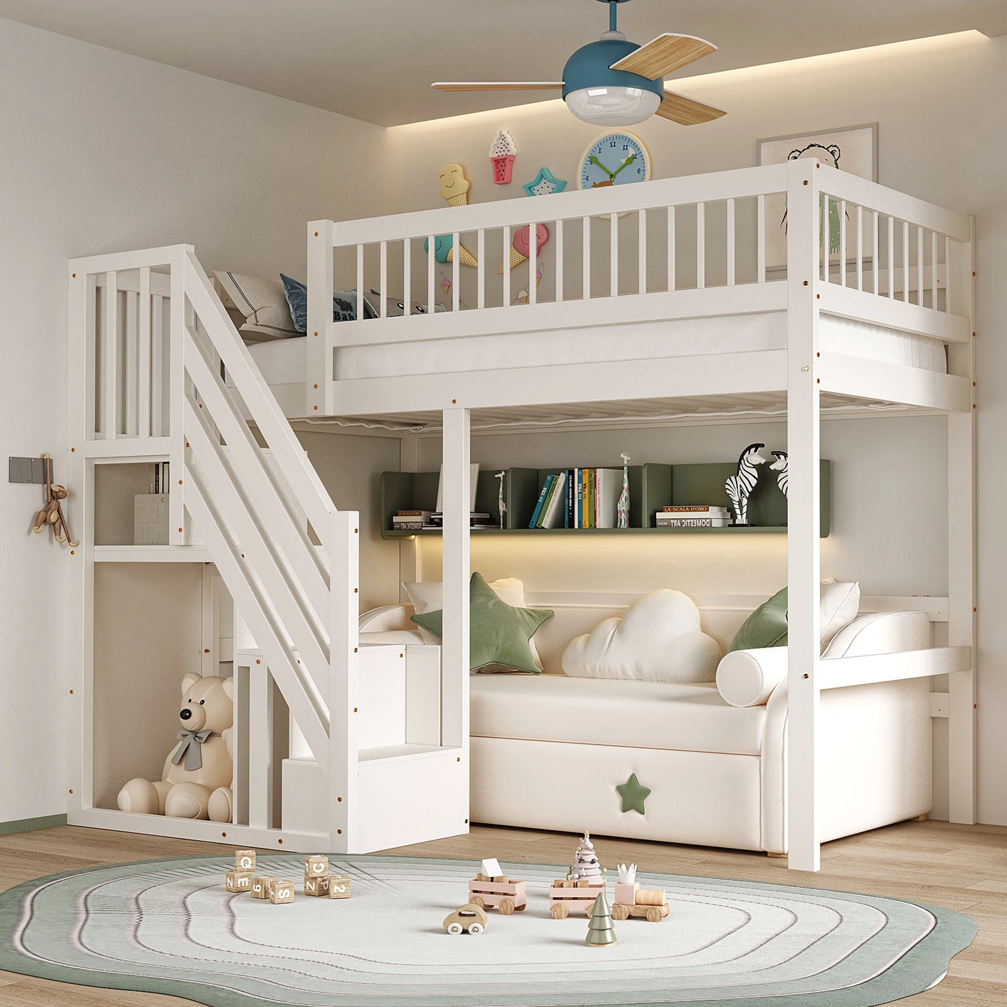 KOMHTOM Cama de madera maciza con escalera, incluye armario de almacenamiento y barandilla alta, adecuada como cama infantil o juvenil