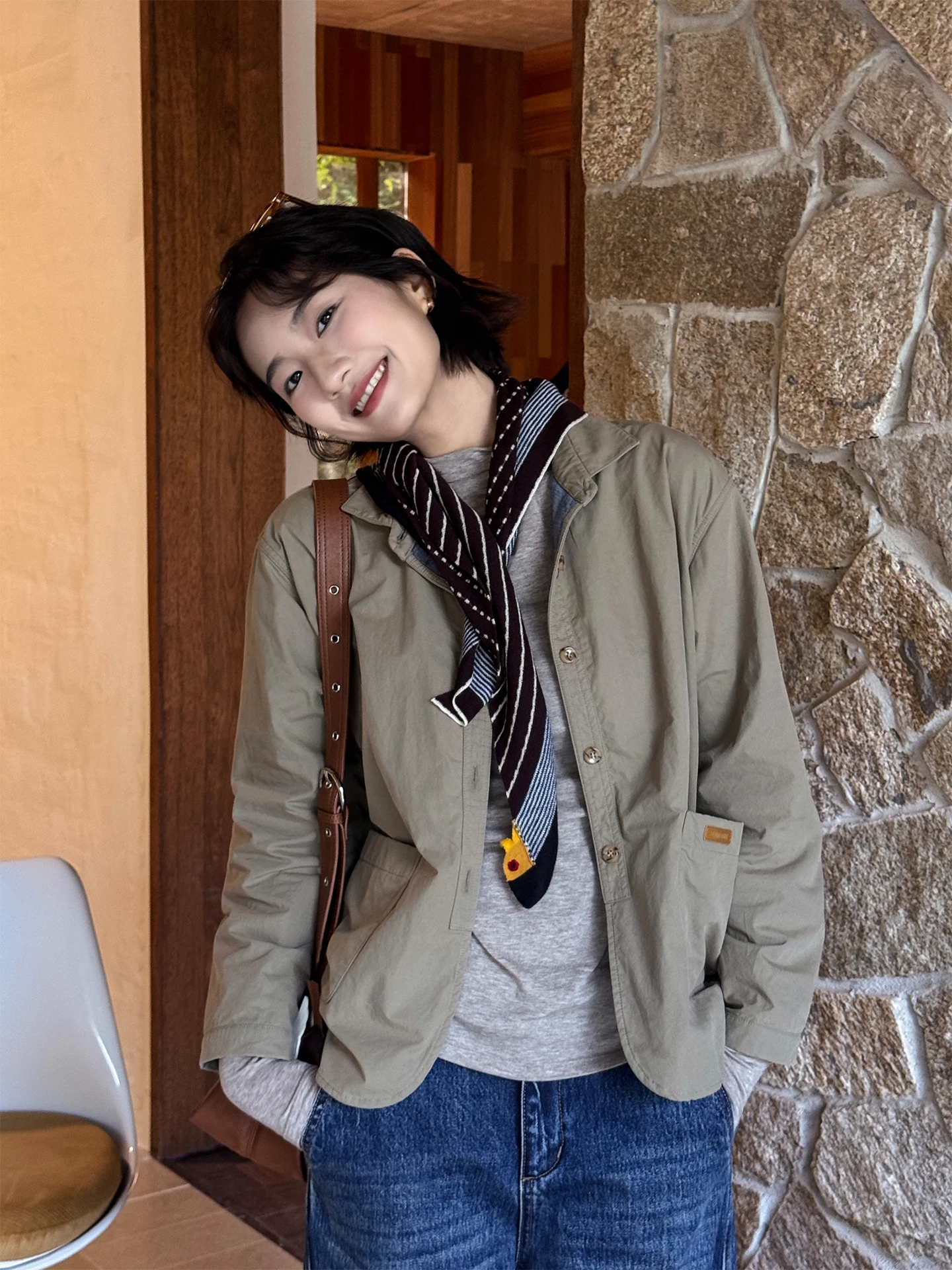 Green Pure Cotton Retro Collar Short Workwear Jacket Women's Outerwear Zhou Xiaoya New 2026 Autumn Fashion Elegant Style