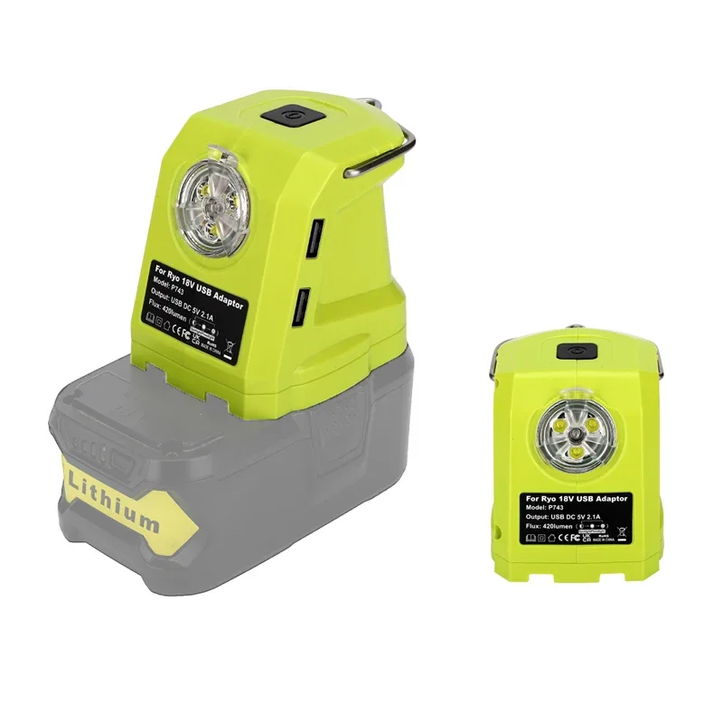 Dual USB Adapter for Ryobi 18V Battery P108 P109 Portable Power Source with LED Work Light Flashlight Hook for Outdoor Camping