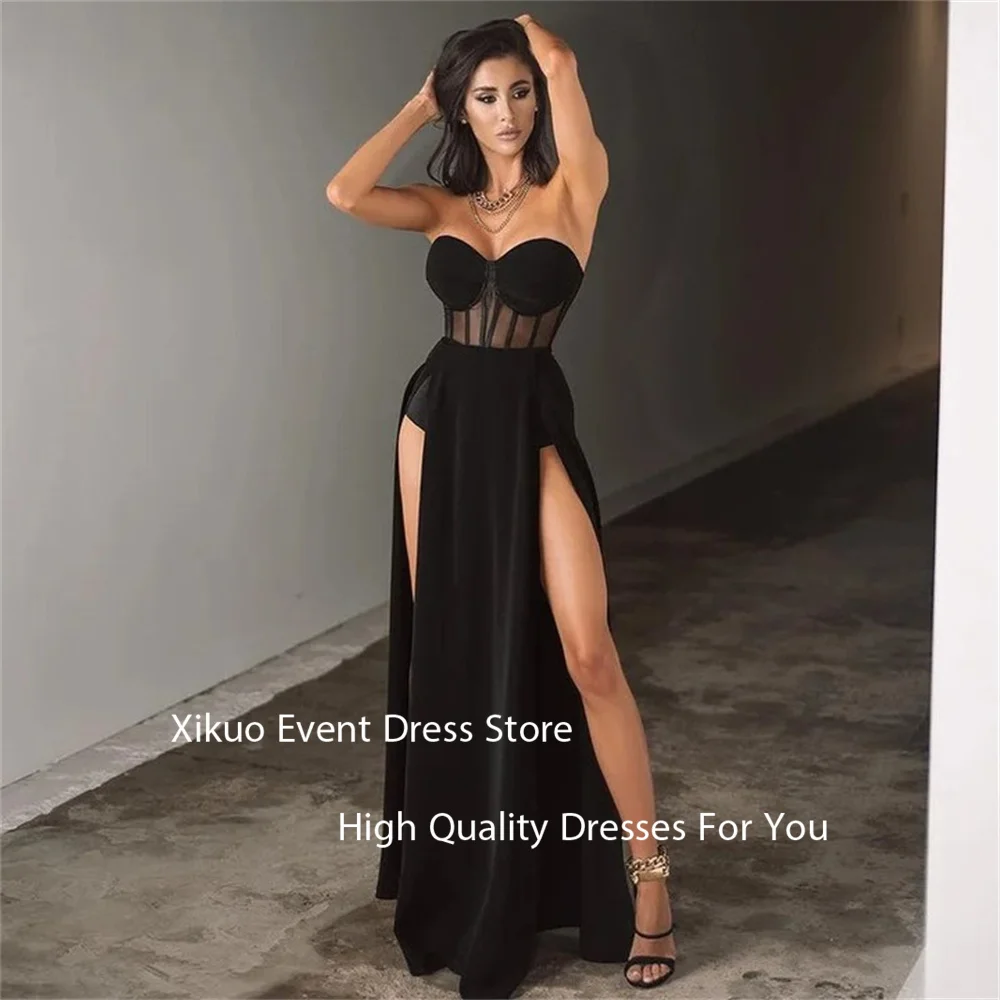 Xikuo Элегантные черные атласные вечерние платья Русалка Иллюзионные вечерние платья Корсет без бретелек с высоким боковым разрезом Robe De Soirée по индивидуальному заказу