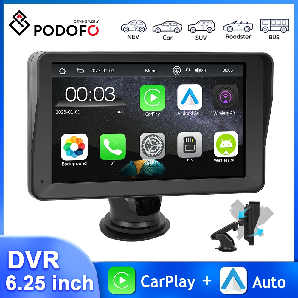 

Podofo 7inch Portable Car Monitor Carplay Android Auto Dashboard Airplay Autolink WIFI Bluetooth EQ FM AUX Smart Screen Player