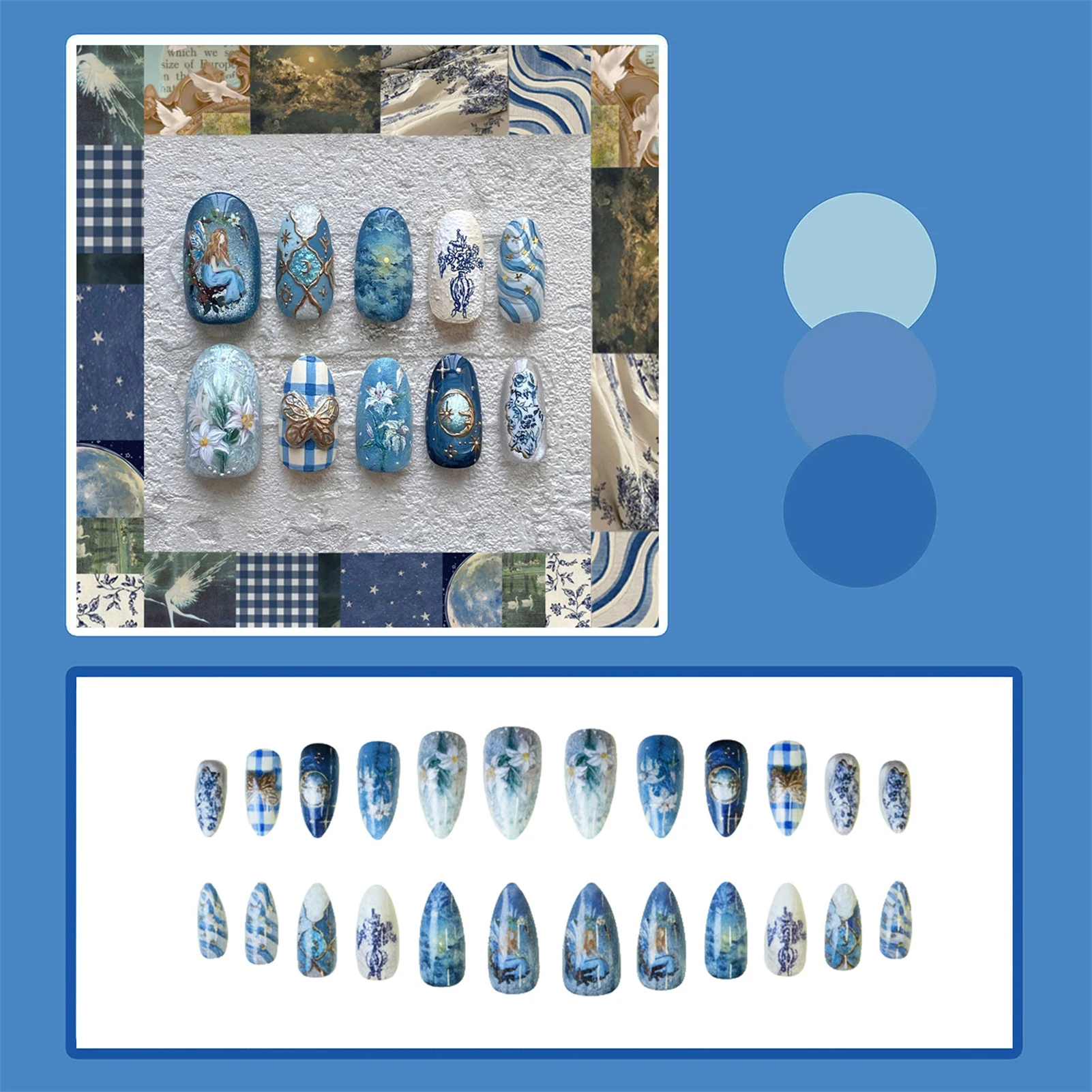 24pcs Vintage Garden Fake Nails Almond Press On Nails Removable Blue Gentle Elegant False Nails With Butterfly Flower Designs