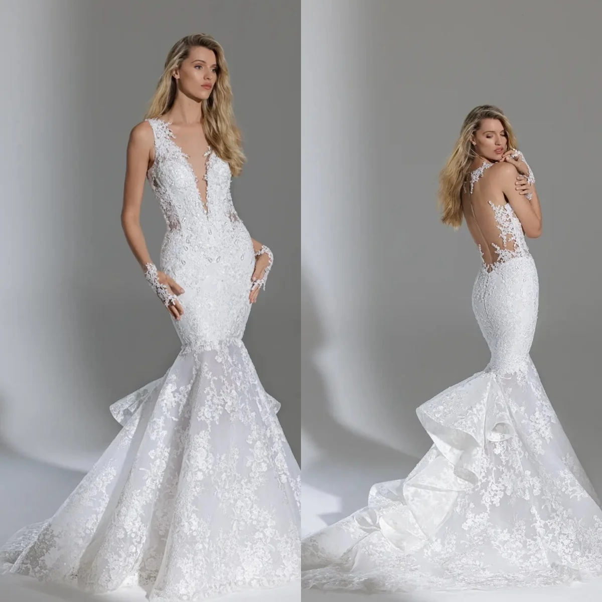 

Custom Luxury Deep V Sheer Back Mermaid Wedding Dress 2026 Lace Ruffle Bridal Gown Cathedral Train Plus Size Vestido De Novia