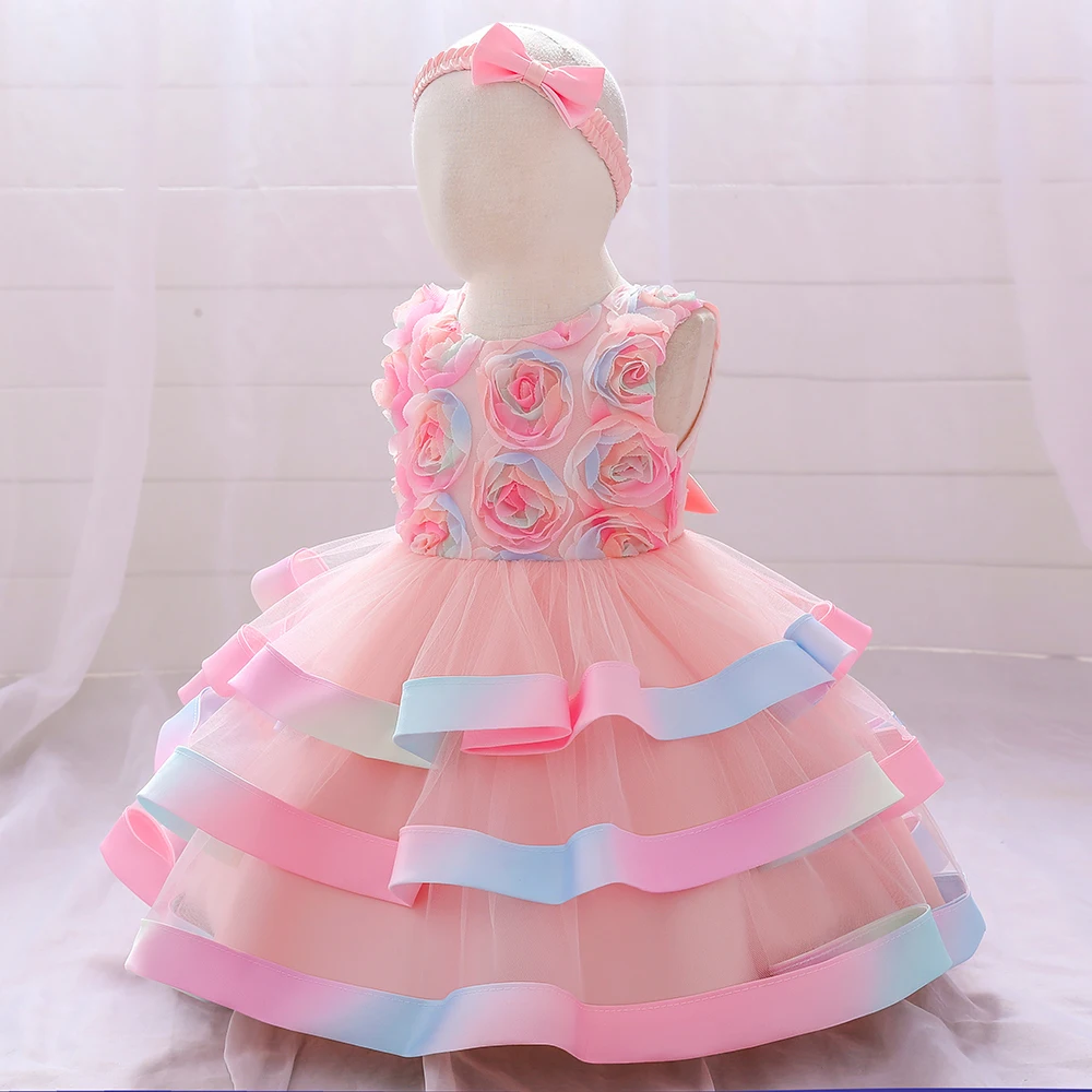 Send Headband Colorful Baptism 1st Birthday Dress Baby Girl Ceremony Flower Princess Dresses Party Dress Child Clothes Vestidos