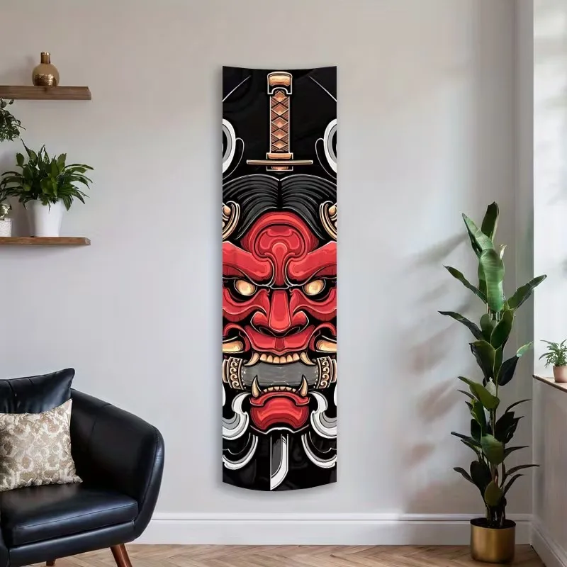 1-teiliger japanischer Oni-Dämon- und Katana-Wandteppich. Dieser auffällige rot-schwarze Wandbehang mit traditioneller Oni-Maske.