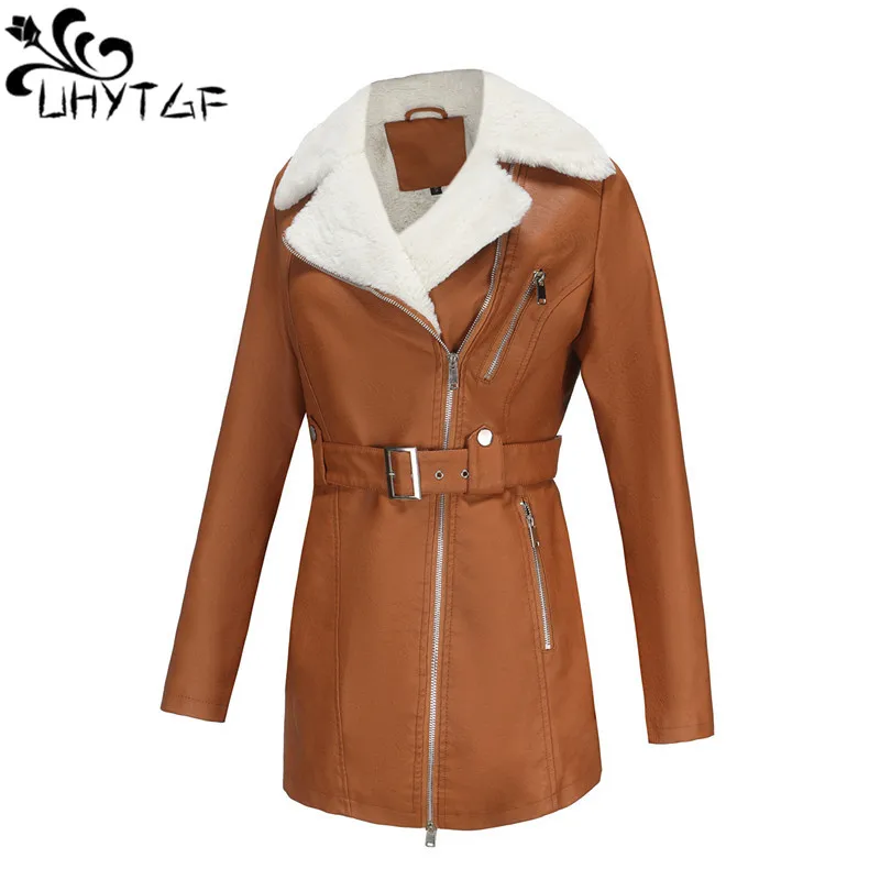 UHYTGF-Chaqueta de piel sintética con doble cabeza para mujer, abrigo largo de felpa con cremallera y cinturón, a la moda, para otoño e invierno,