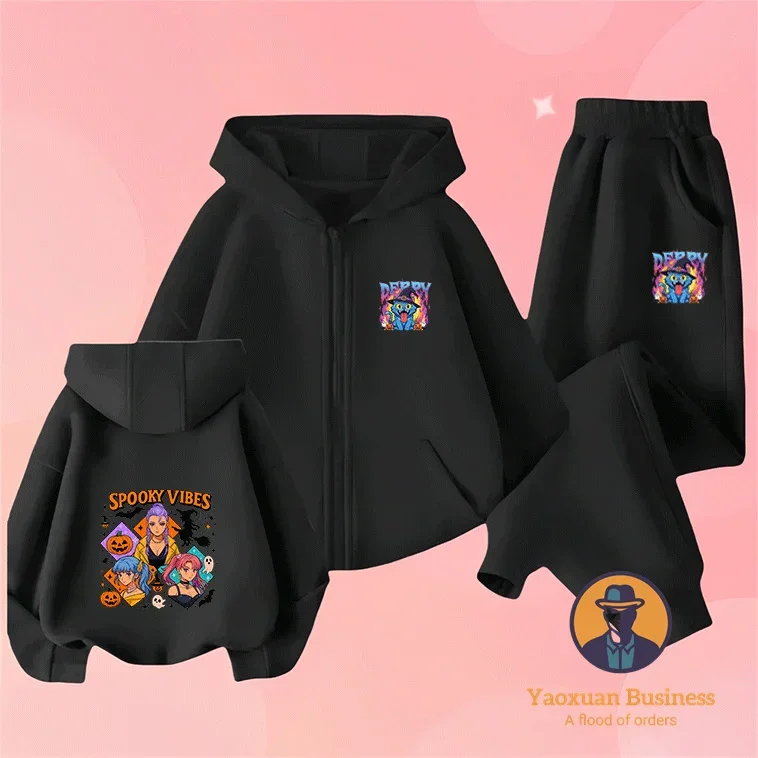 

New Arrival KPop Demon Hunters Kids Boys Girls Zip Up Hoodie Set Cute Cartoon Printed Windproof Warm Autumn Winter Stylish