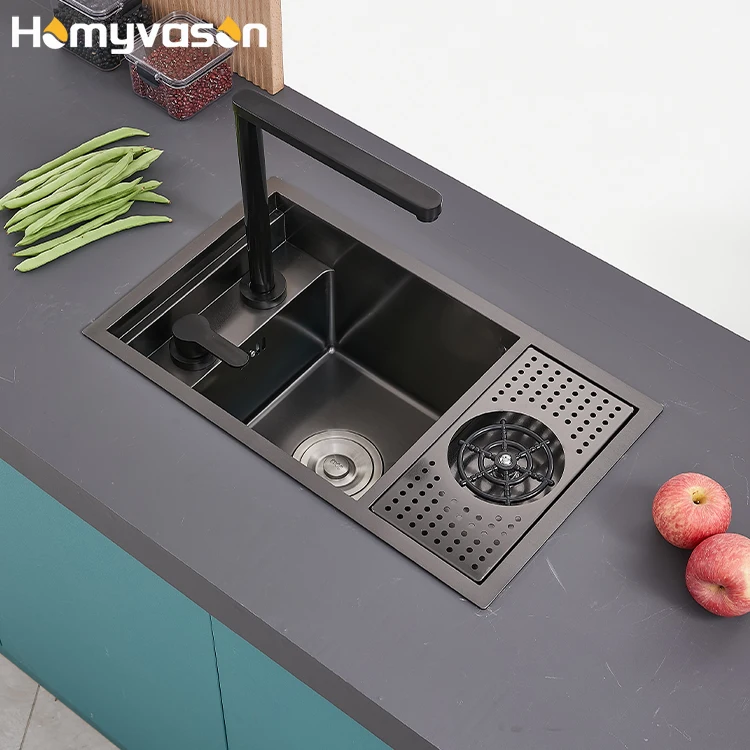 

Modern Cheap Stainless Steel Sink Black Nano Single Undermount Counter Open Smart Bar Small Hidden Cup Rinser Kitchen Sink