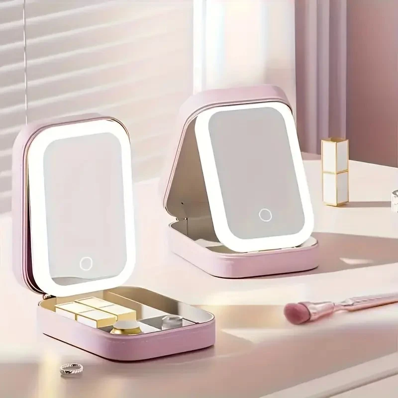 

Portable LED Lighted Makeup Mirror Box - Foldable Travel Cosmetic Organizer with USB Rechargeable Battery, Pink Leather Design f
